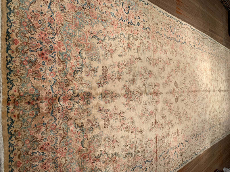 Beige Fine Persian Hand Knotted Kerman 8'9'' X 21'8''