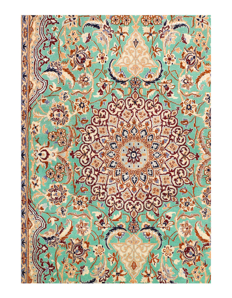 Light Green Fine Hand Knotted Persian Silk & wool Nain 4' X 6'6''