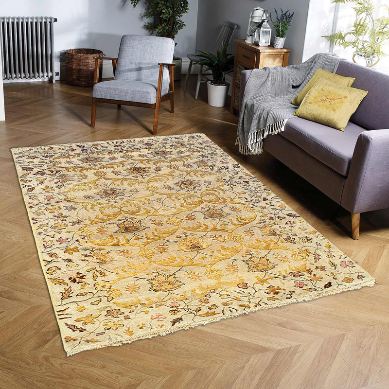 Beige Color Fine Hand Knotted silk & wool rug 6' X 9'