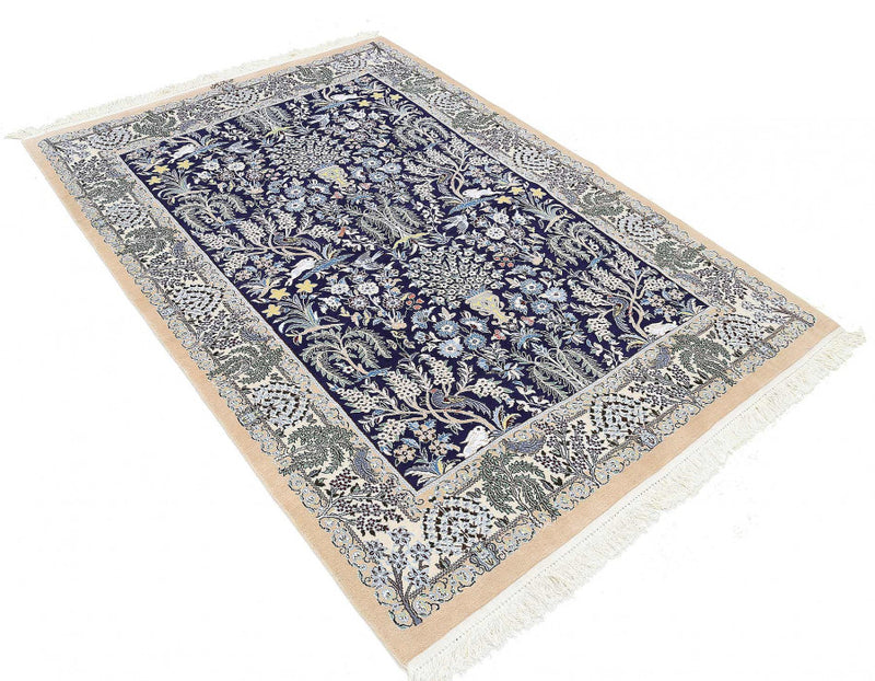 Navy Blue Hand Knotted Persian silk & wool Nain 4'11'' X 7'1''