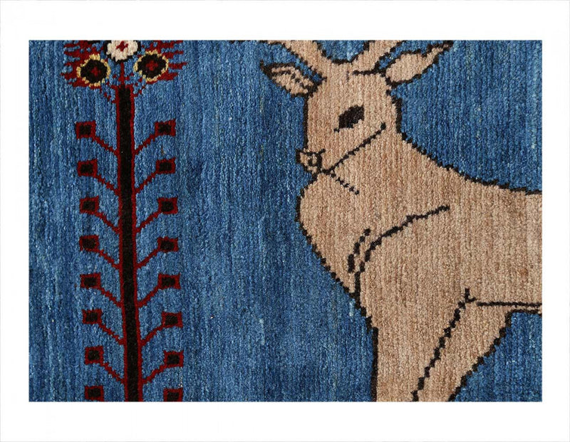 Persian hand knotted Gabbeh Tribal rug in blue Pictorial Deer Patterns 1'9'' X 5'